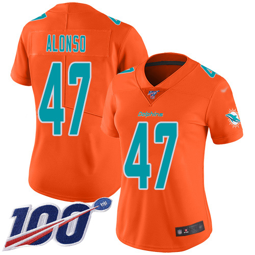 Nike Miami Dolphins 47 Kiko Alonso Orange Women Stitched NFL Limited Inverted Legend 100th Season Jersey